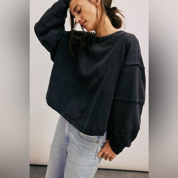 Free People Tops - Free People Oversized Waffle-Knit Long Sleeve Tee in Charcoal
